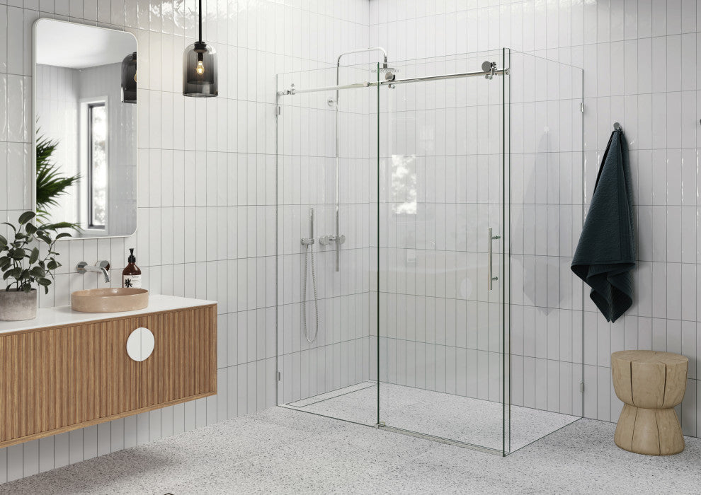 60"-64"x34"x78" Frameless Sliding Shower Door With Return Panel, Polished Chrome