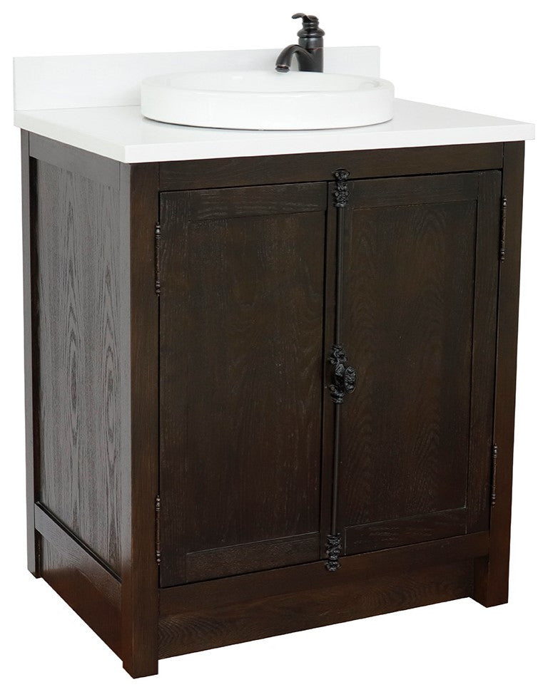 30" Single Vanity, Brown Ash, White Engineered Stone Top, Round