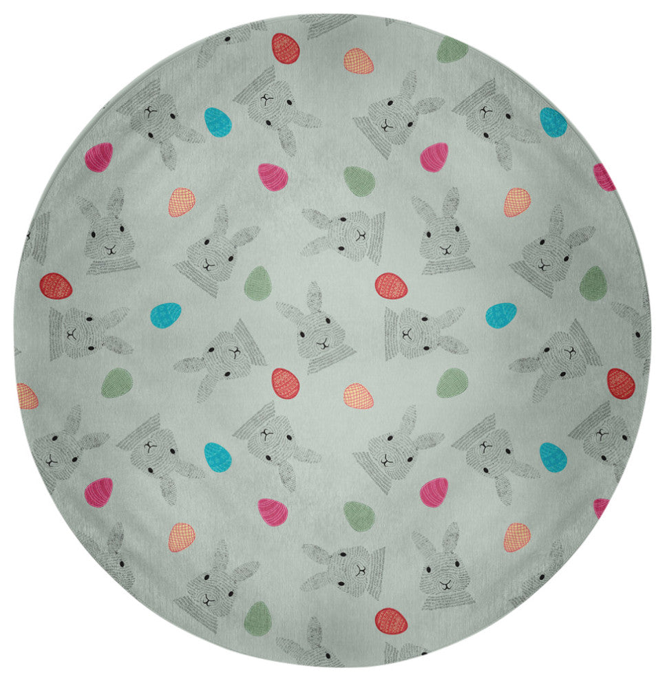 Bunnies and Eggs Easter Chenille Rug, Breezeway Green, 5' Round