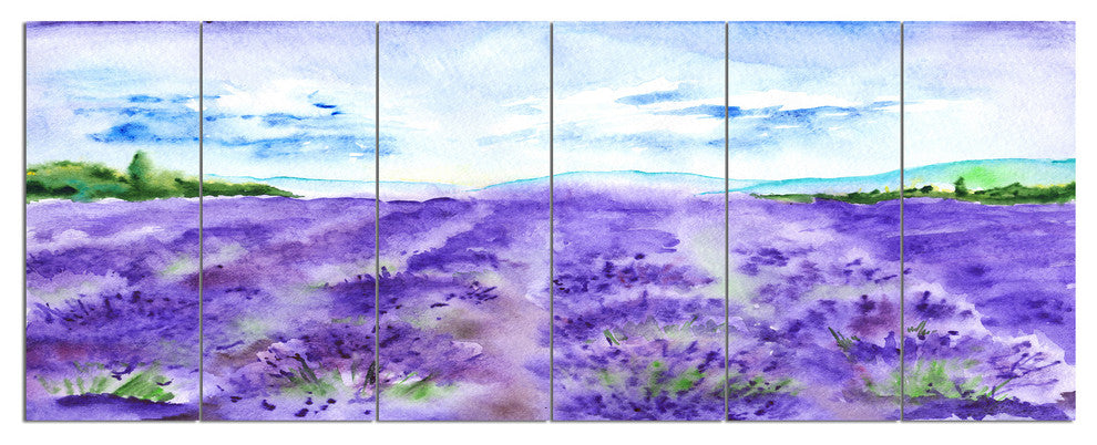 Lavender Fields Watercolor, Landscape Canvas Art Print, 70"x28", 6 Panels