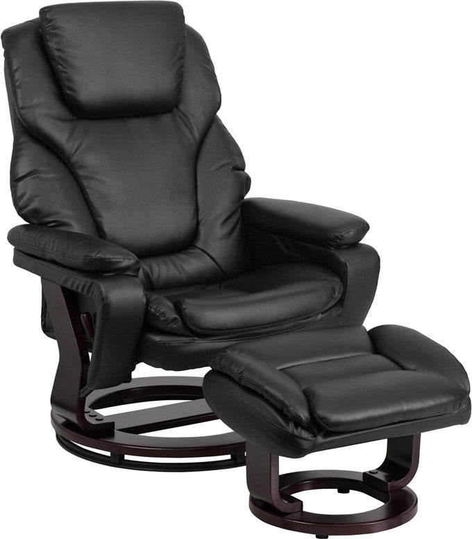 Leather Recliner and Ottoman, Mahogany Wood Base, Black Leather