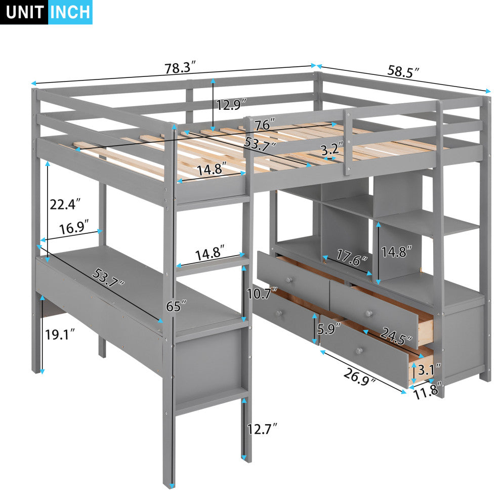 Gewnee Full Size Loft Bed with Built-in Desk with Two Drawers in Gray