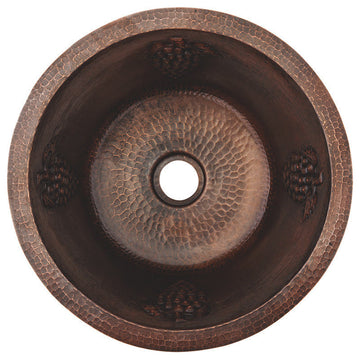 16" Round Copper Bar Sink With Grapes and 2" Drain Opening