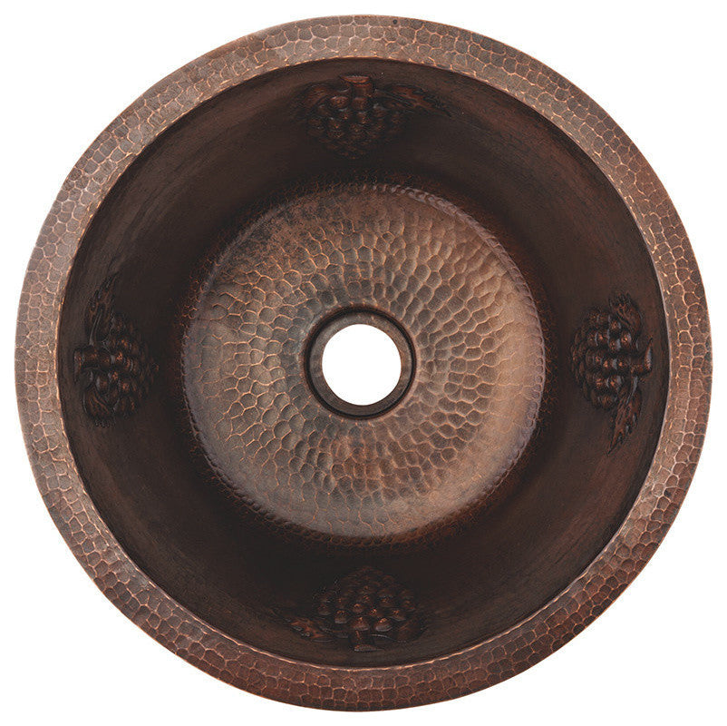 16" Round Copper Bar Sink With Grapes and 2" Drain Opening