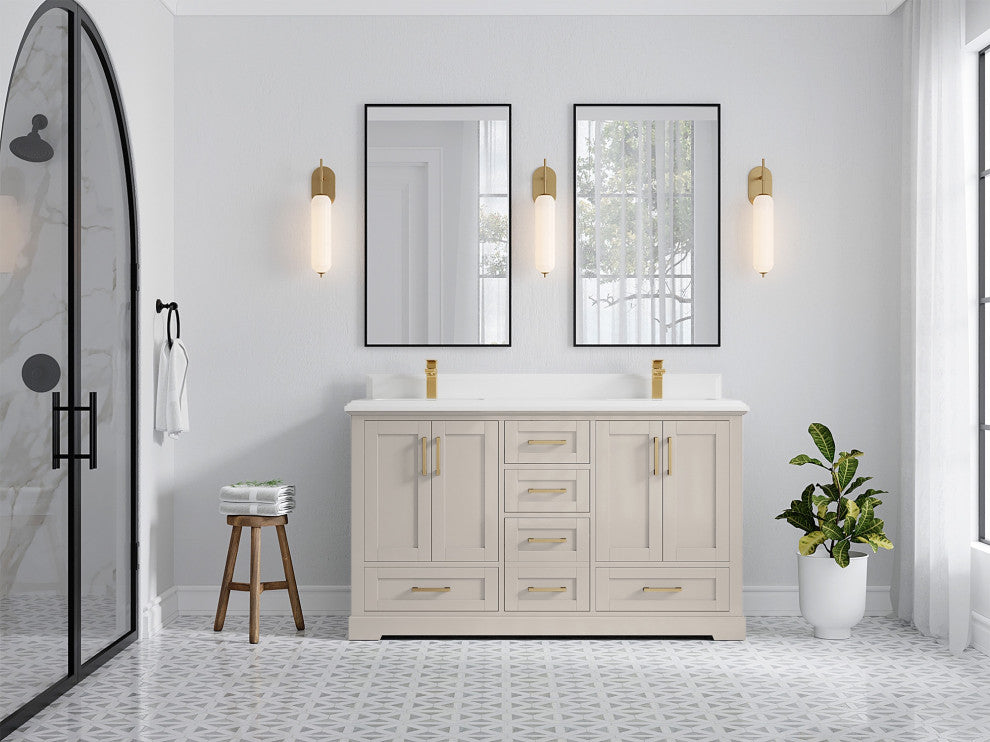Boston 60" Double Bathroom Vanity in Fine Grain 1.5" White Quartz
