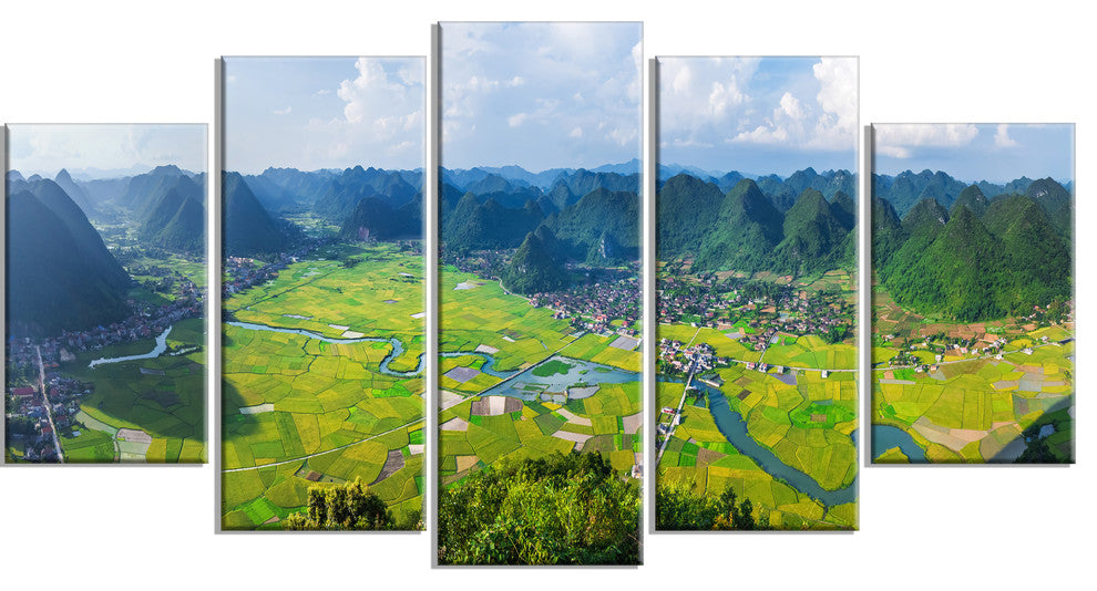 "Rice Field Valley Vietnam Panorama" Landscape Wall Art, 5 Panels, 60"x32"