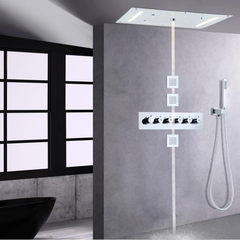 Led Mist Rainfall Shower System, Hand Shower and Jetted Body Sprays, Chrome Poli