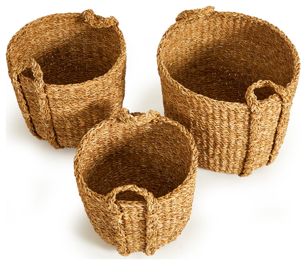 Set of 3 Contemporary Casual Natural Sea Grass Round Tote Baskets Handles Large