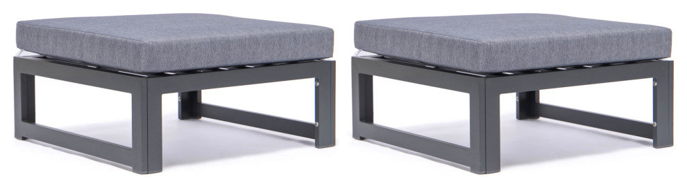 LeisureMod Chelsea Outdoor Black Ottomans With Cushions Set Of 2, Blue