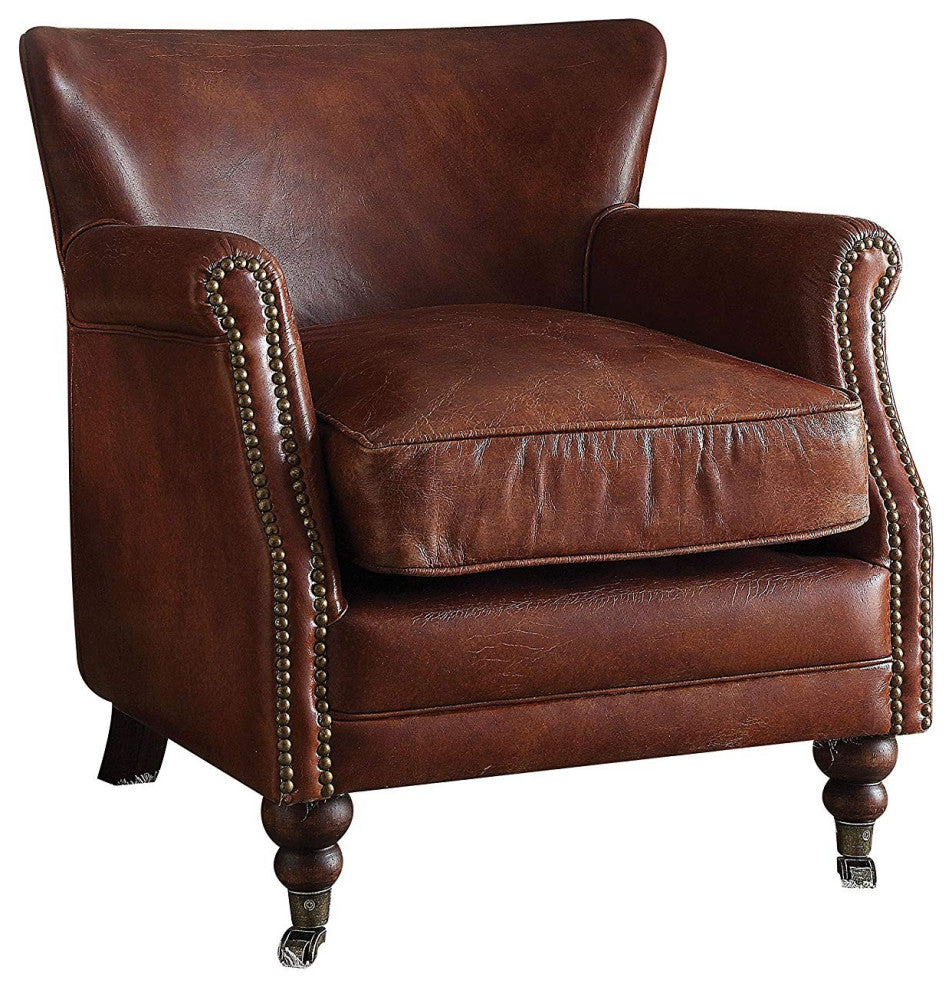 Benzara BM177728 Leather Upholstered Accent Chair With Nailhead Trim, Dark Brown