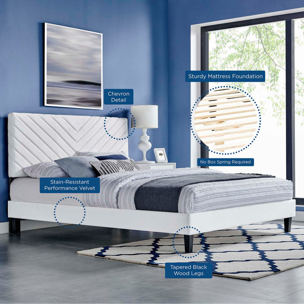 Platform Bed Frame, King Size, White, Velvet, Modern, Bedroom Guest Suite
