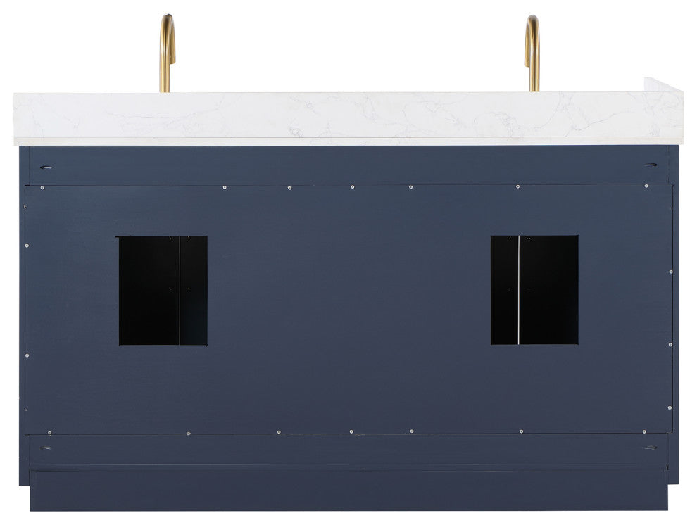 Gavino Vanity With Grain White Composite Stone Top, Royal Blue/Brushed Gold, 60", No Mirror