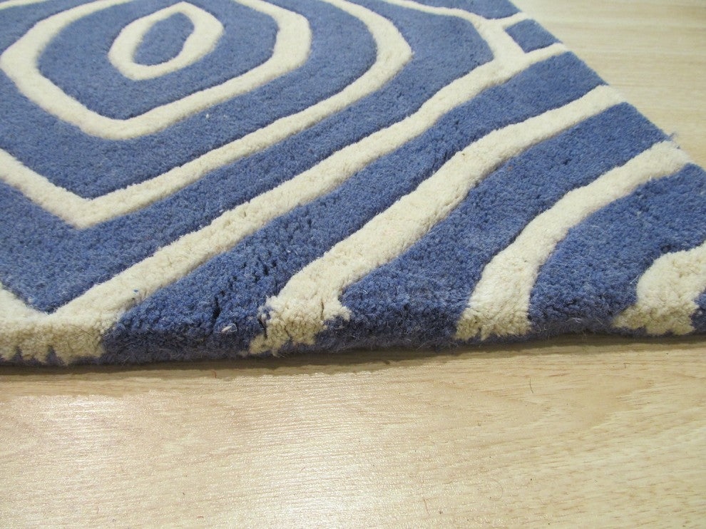 EORC Hand-tufted Wool Blue Contemporary Geometric Marla Rug, Round 7'9"x7'9"