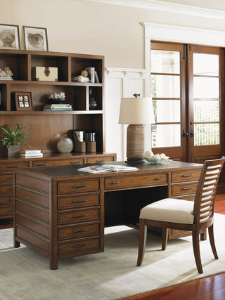 Lifestyle context showing the desk setup integrated with the credenza.