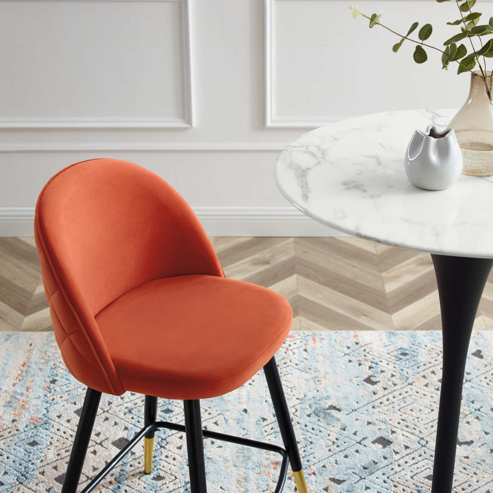 Counter Stool Chair, Set of 2, Velvet, Metal, Orange, Modern, Bar Pub Bistro