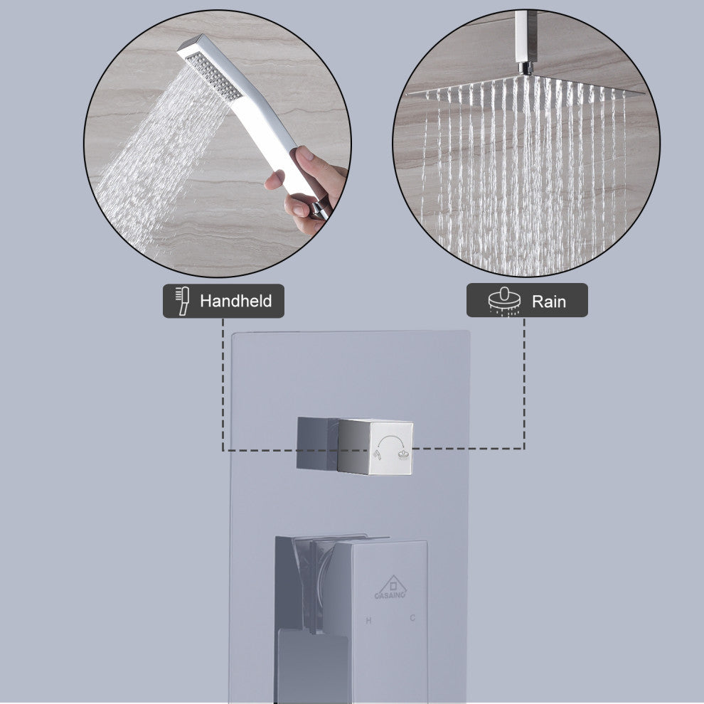 CASAINC 10" Ceiling Mounted Shower System Set w Sliding Handheld Rod, Chrome