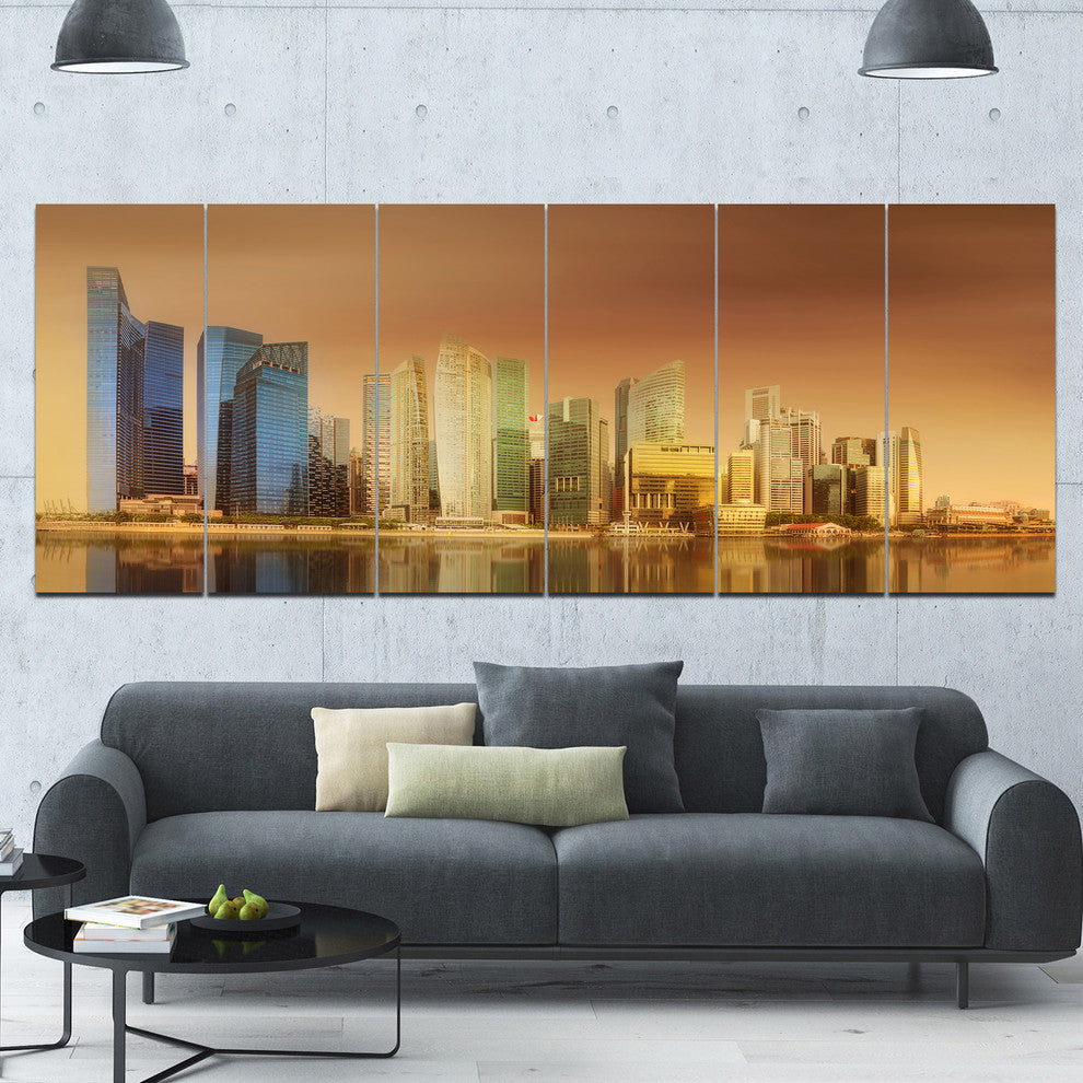 Singapore Skyline under Brown Sky, Cityscape Canvas Art Print, 70"x28", 6 Panels