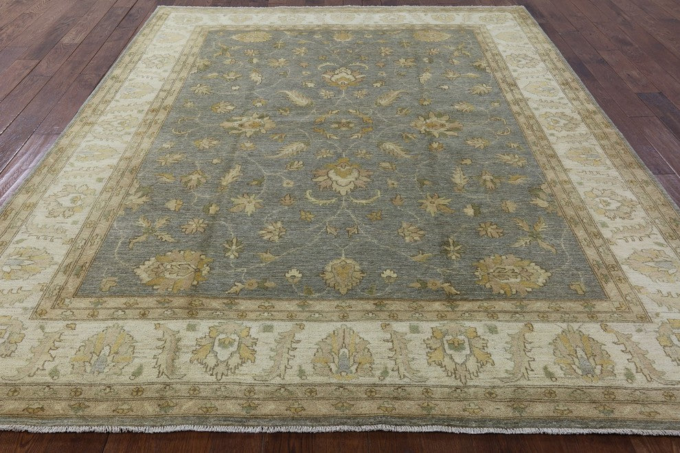 Blue-Gray Oushak Style Chobi Hand-Knotted Wool Oriental Rug, 8'x10'