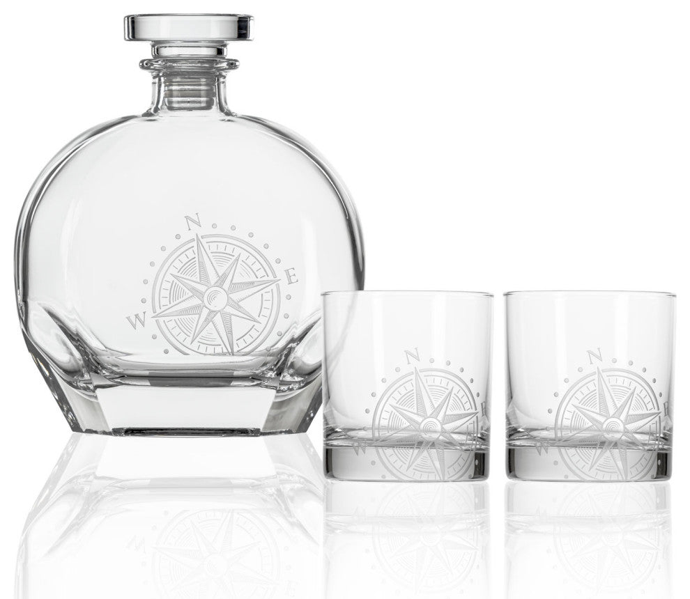 Compass Star Decanter With 2-Glasses, 3-Piece Set