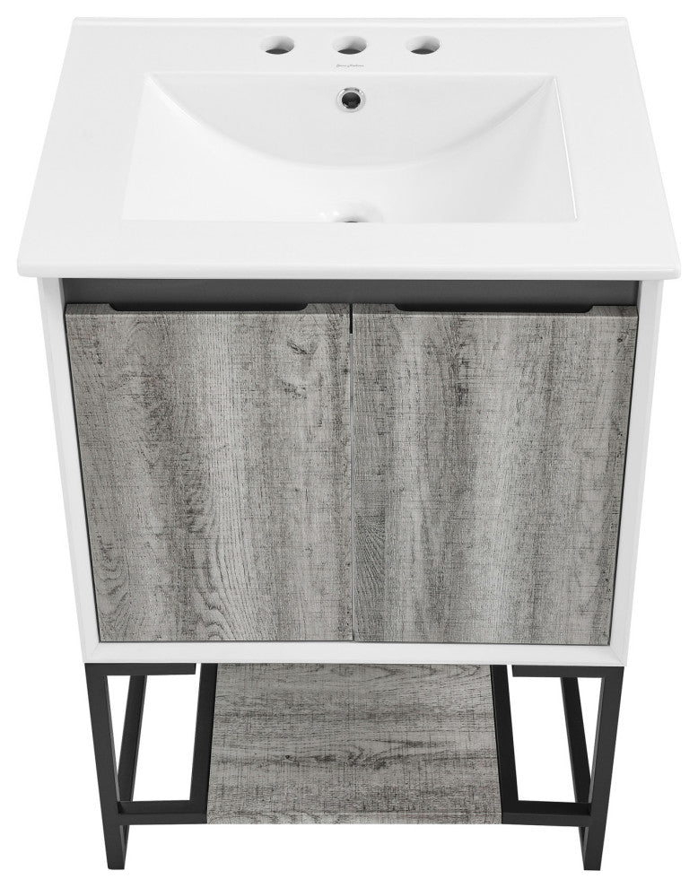 Marseille 24" Gray Oak Bathroom Vanity With White, 3-Hole Ceramic Sink Top