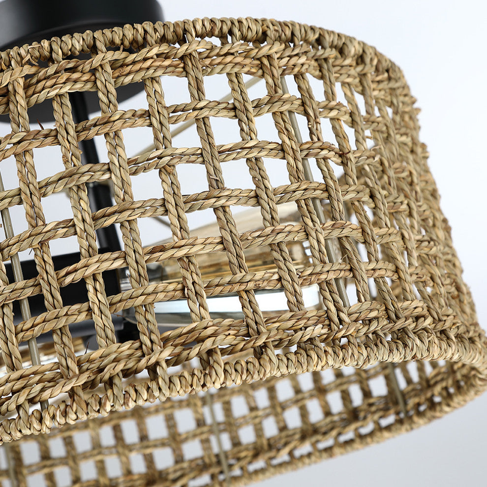 14" W 2-Light Rattan Drum Semi-Flush Mount Ceiling Light