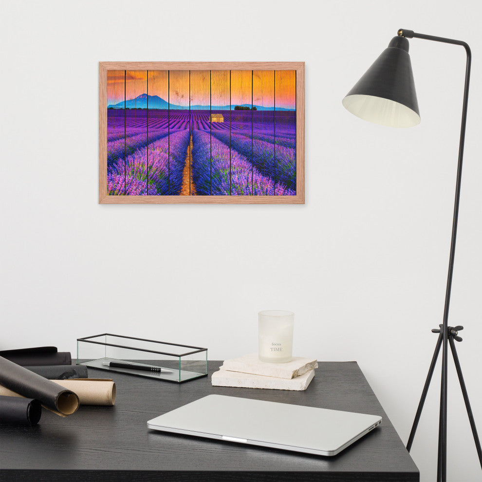 Faux Wood Lavender Fields and Sunset Landscape Framed Photo Paper Wall Art Print, Red Oak, 12" X 18"