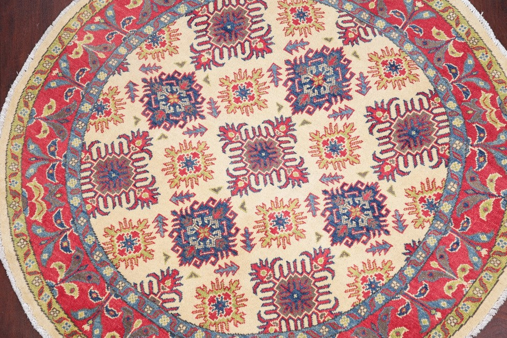 Pakistani Traditional Kazak Handmade Oriental Area Rug, Beige, 4'11"X4'11"