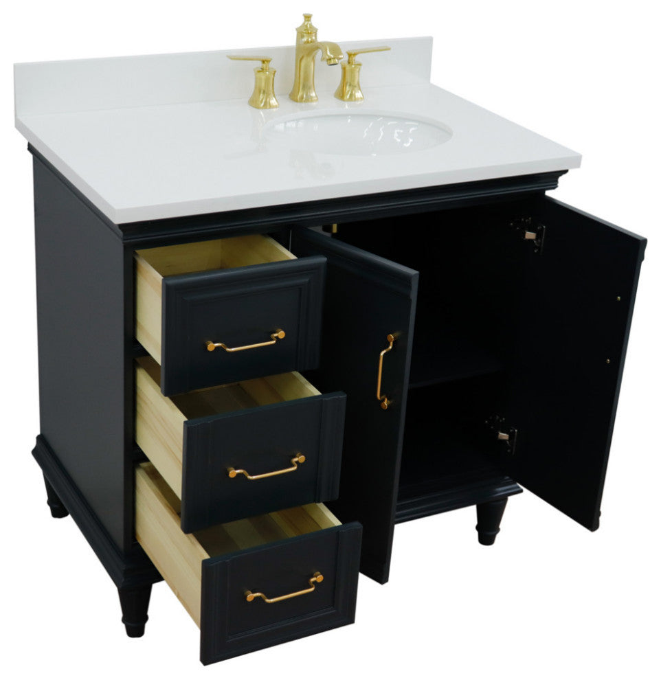 37" Single Vanity, Dark Gray Finish With White Engineered Stone Top