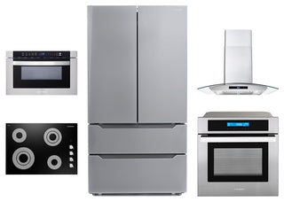 5PC, 30" Cooktop 30" Range Hood 24" Wall Oven 24.4" Refrigerator
