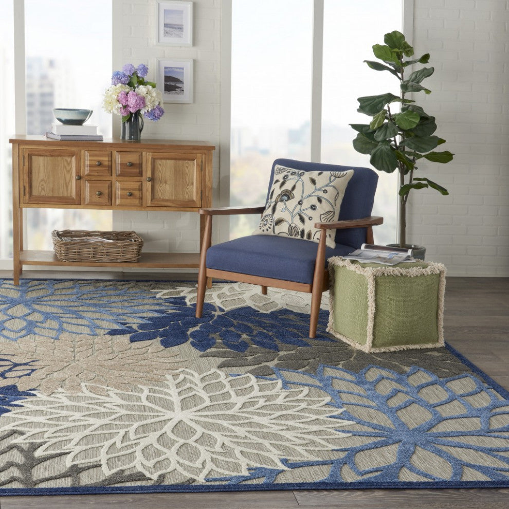 8 x 11 Blue Large Floral Indoor Outdoor Area Rug
