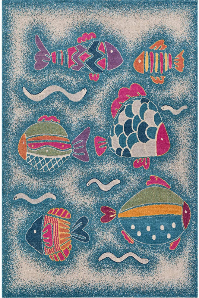 2" x 3" Blue Playful Fish Indoor Outdoor Scatter Rug