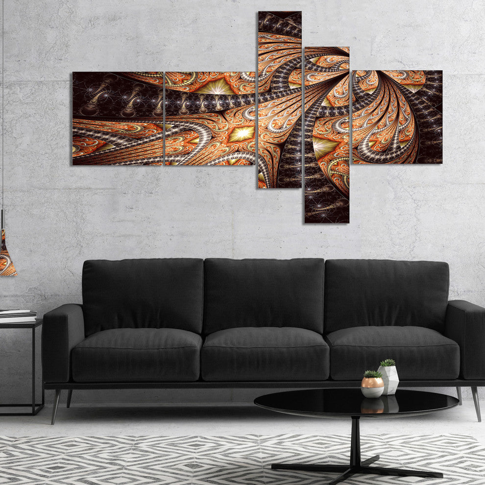 Brown Symmetrical Fractal Flower, Abstract Canvas Art Print, 60"x32", 5 panels