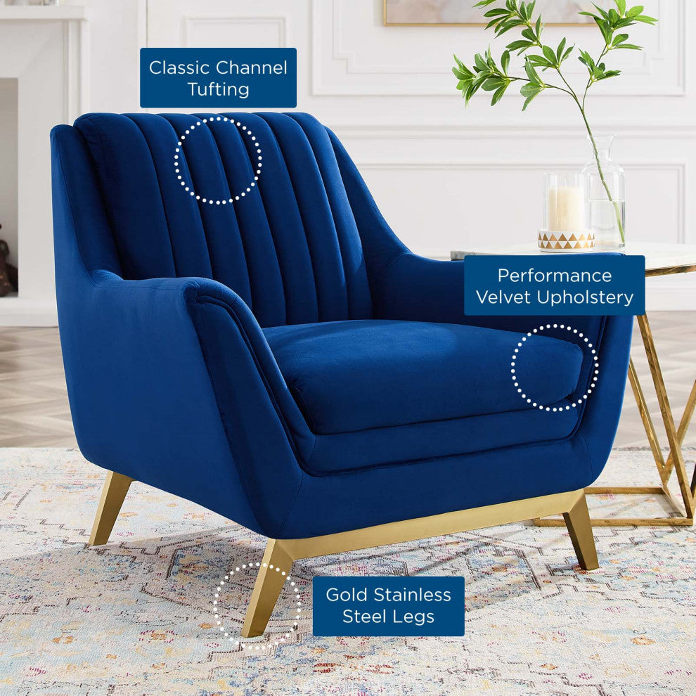 Tufted Armchair Accent Chair, Velvet, Blue Navy, Modern, Lounge Hospitality