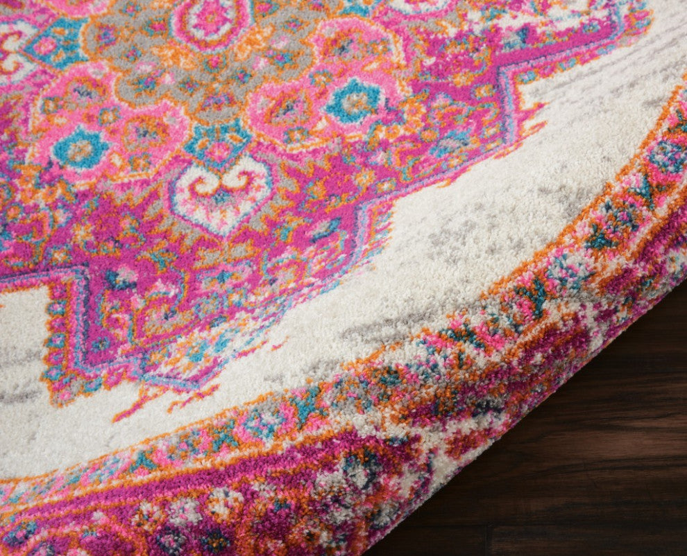 8 Round Ivory and Fuchsia Distressed Area Rug