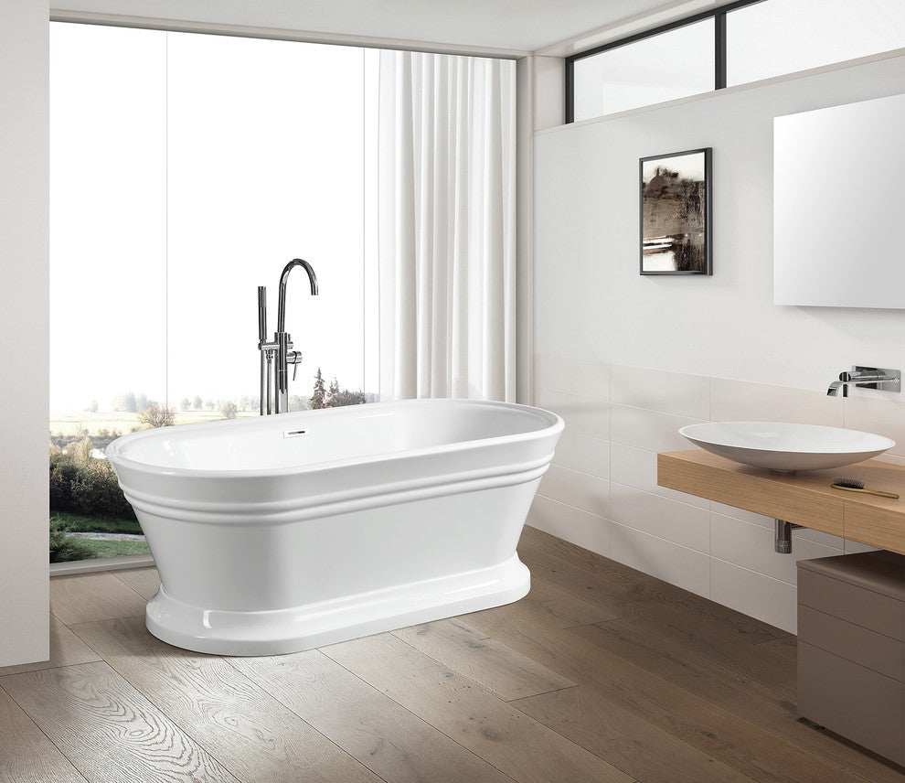 59" Freestanding Acrylic Bathtub, White/Classic Chrome