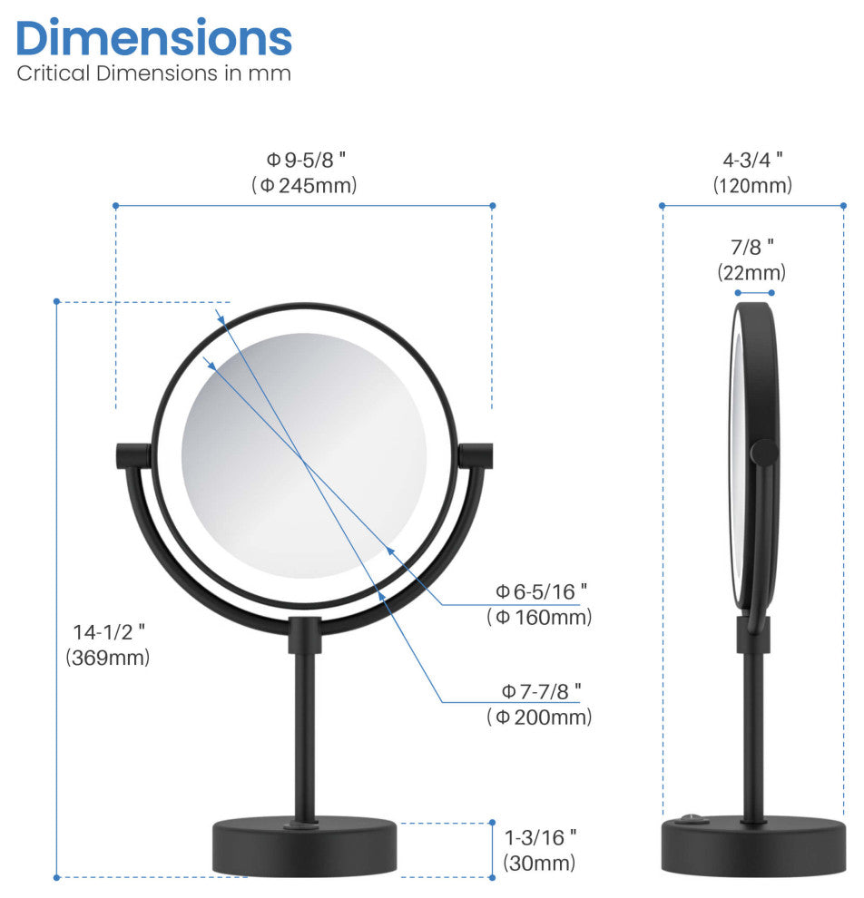 Circular LED Free Standing Magnifying Make Up Mirror, Matte Black