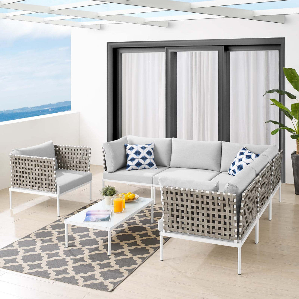 Lounge Sectional Sofa Chair Table Set, Sunbrella, Aluminum, Gray, Outdoor