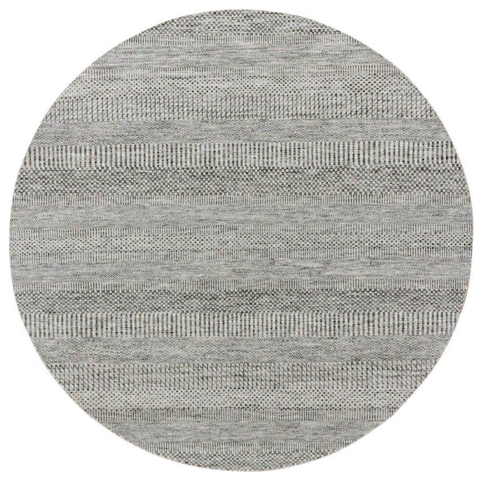 Perfect Gray Undyed Wool Modern Grass Design Hand Knotted Round Rug, 6'1"x6'