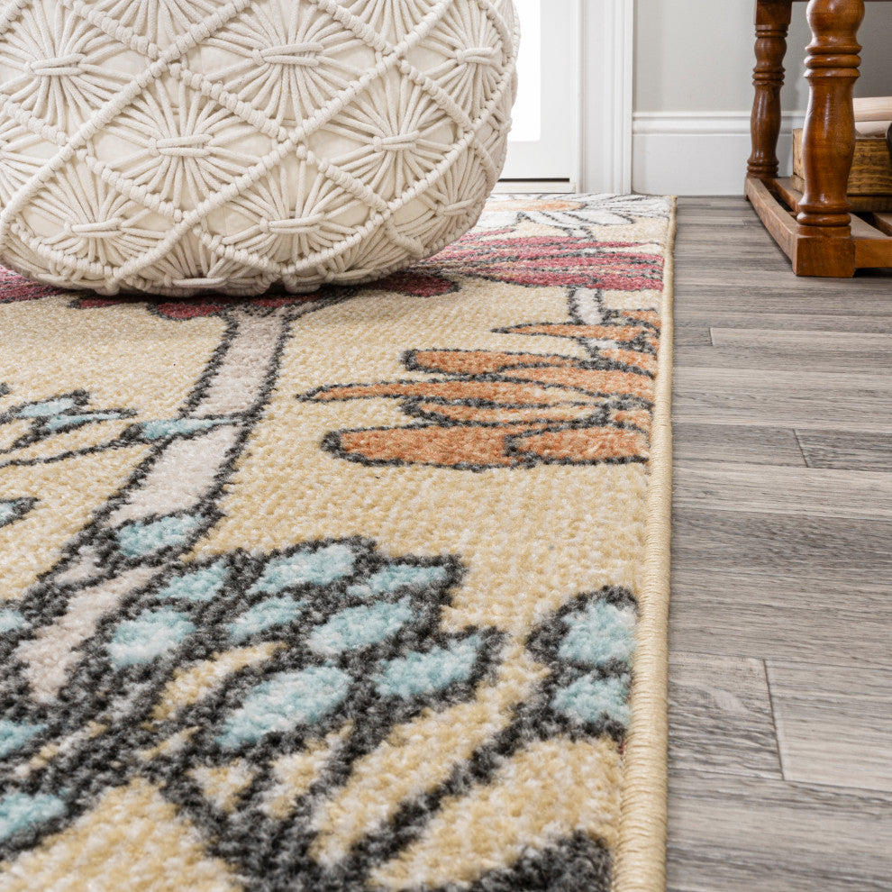 Dizi Modern Botanical Wildflower Area Rug, Yellow/Ivory/Red, 4x6