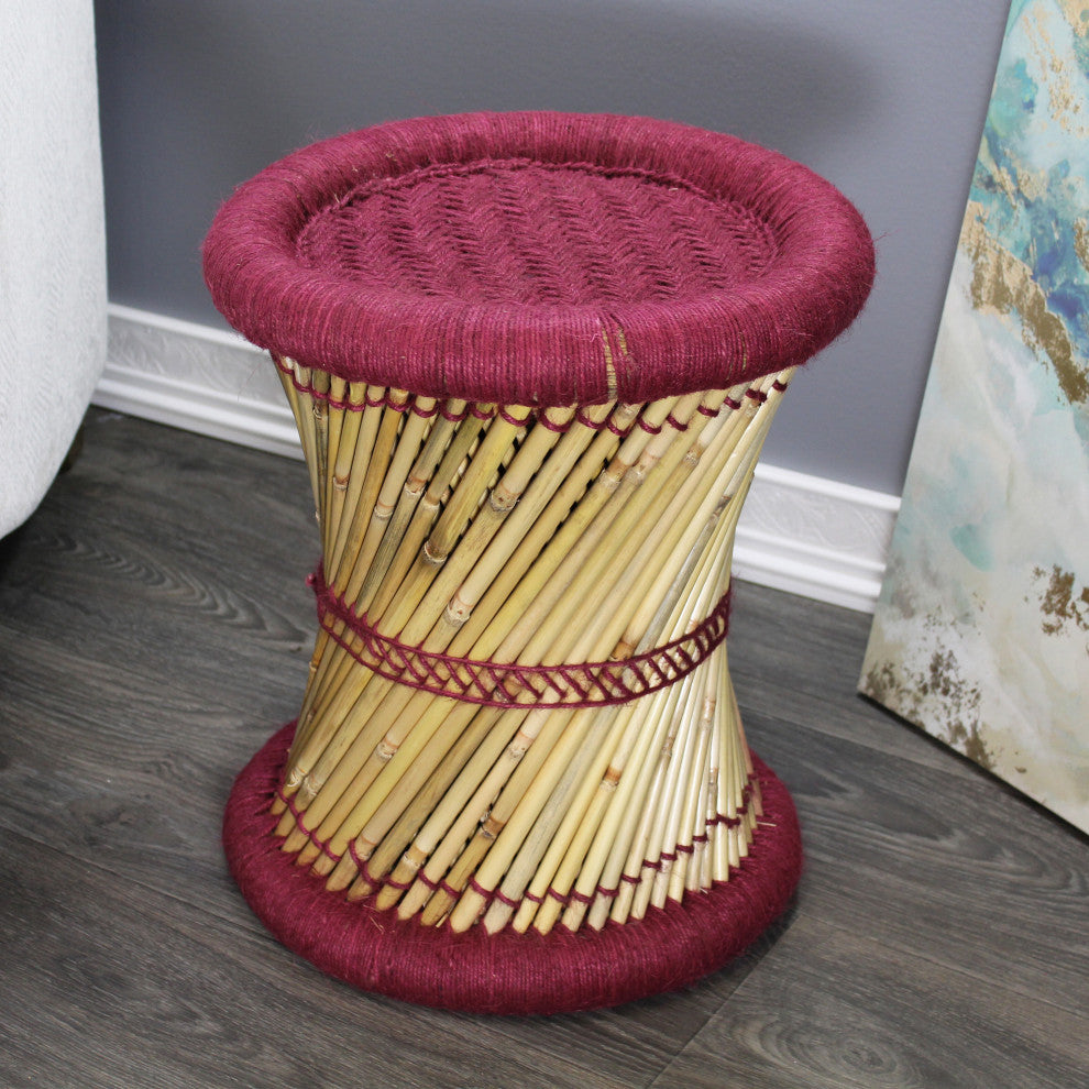 Natural Geo Moray Decorative Handwoven Jute Accent Stool, Maroon