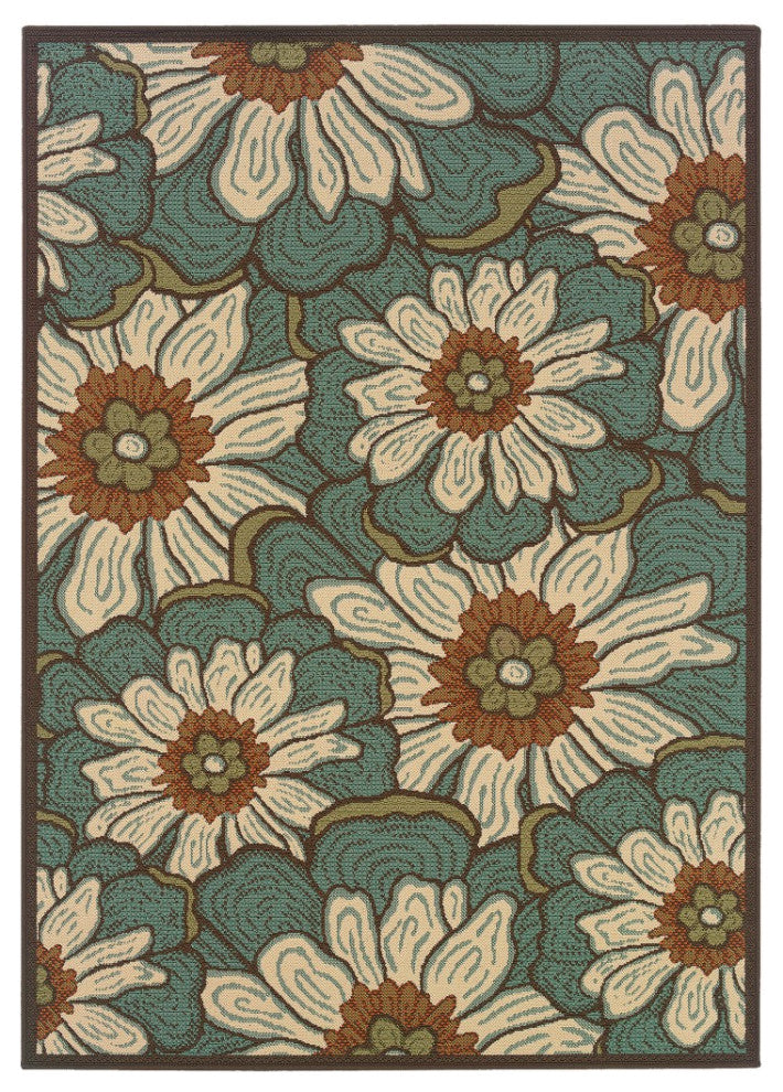 7??10??Blue And Brown Floral Indoor Outdoor Area Rug