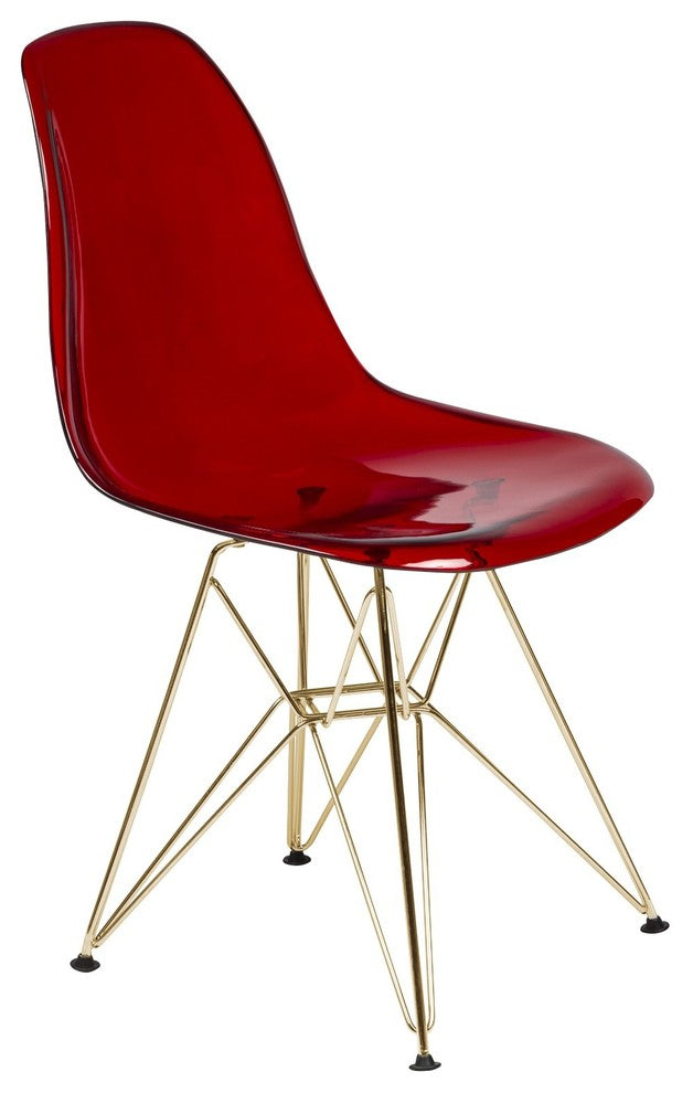 Dining Chair with ABS Plastic Seats Side Chair in Gold Chrome, Transparent Red