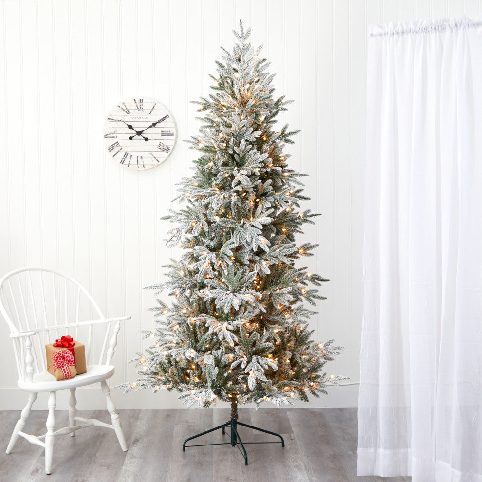 7.5' Flocked Manchester Spruce Faux Xmas Tree W/450 Lights & Bendable Branches