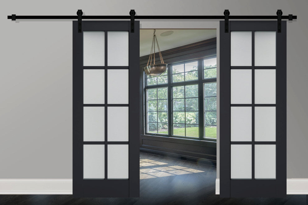 Double Barn Door 84 x 84, Veregio 7412 Antracite & Frosted Glass, 14' Rail