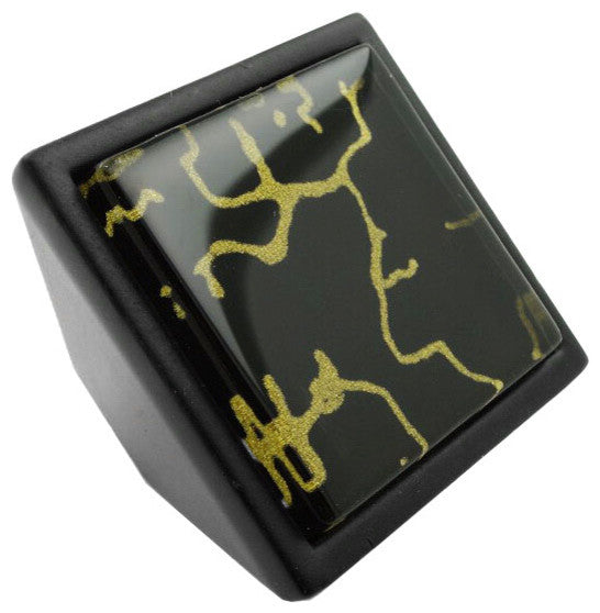 Hand Painted Abstract Golden Curls Crystal Glass Black Metal Square Frustum Knob