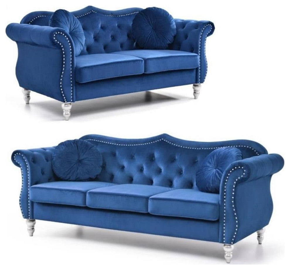 Home Square 2-Piece Furniture Set with Sofa and Loveseat in Navy Blue