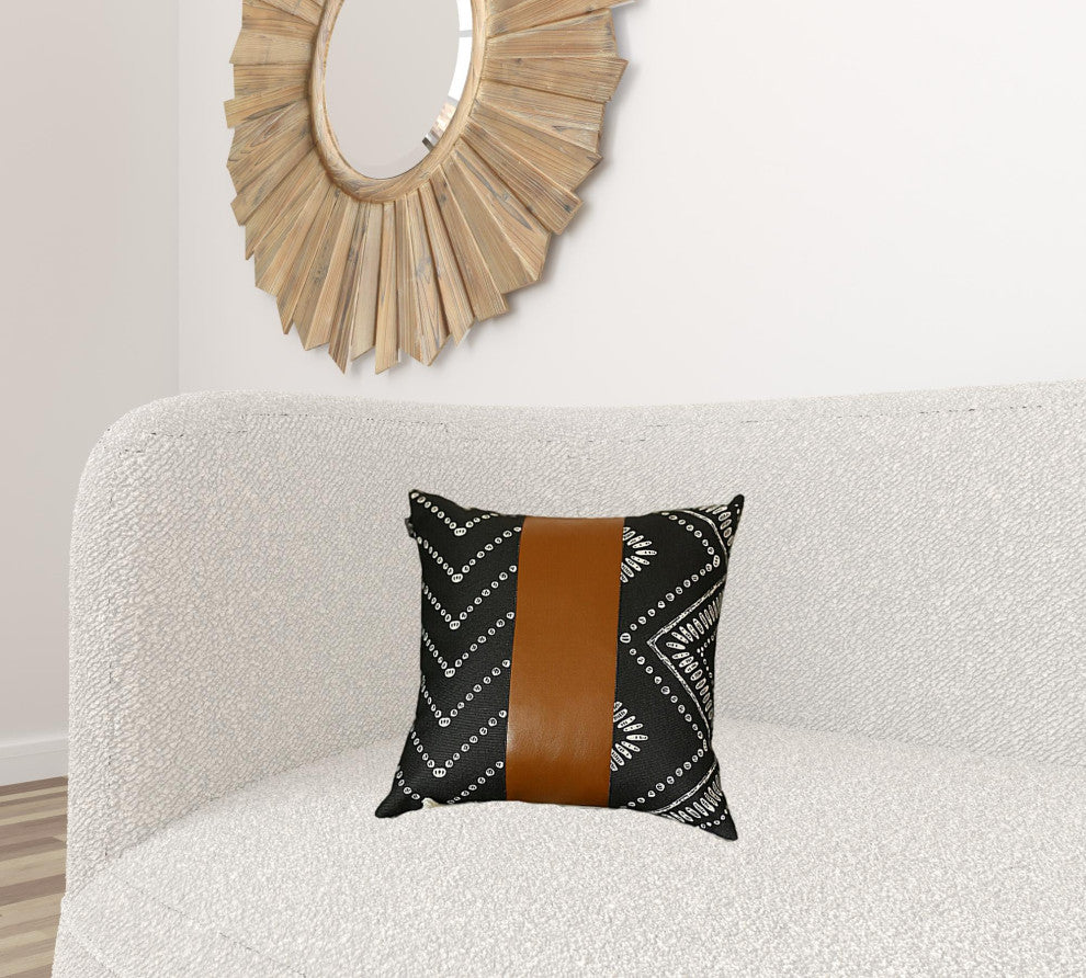 Set of 2 Ikat Styled Patterns and Bright Brown Faux Leather Pillow Covers