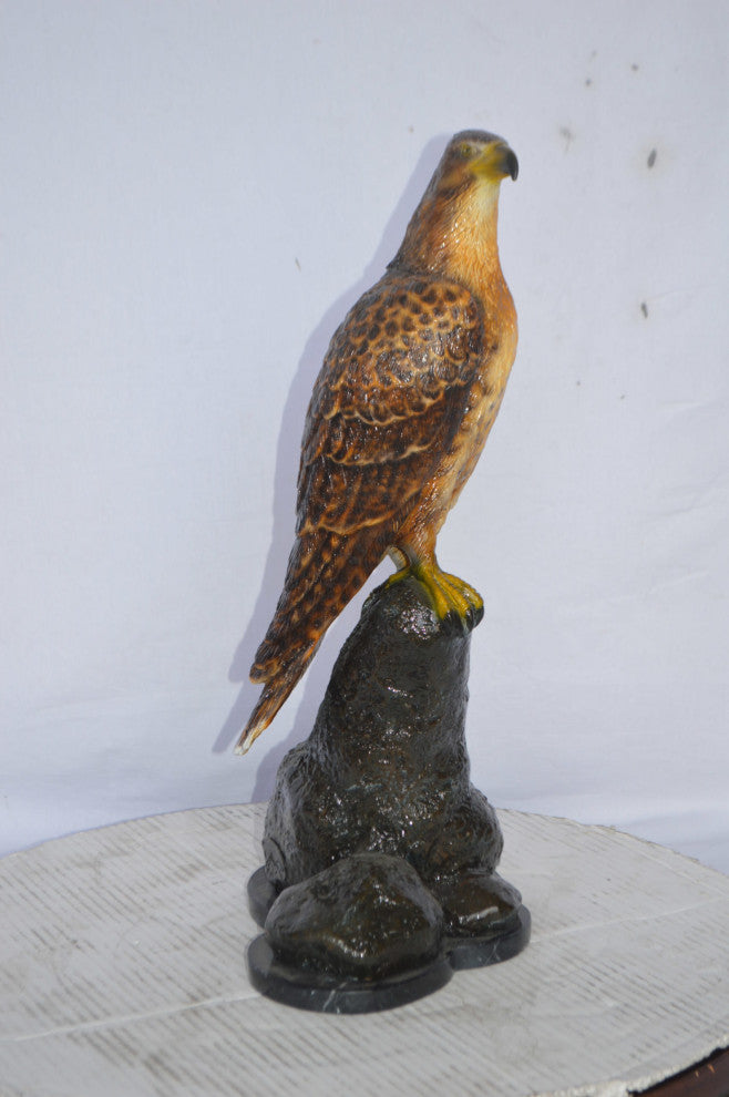 Hawk on a Rock bronze statue - Size: 12"L x 9"W x 22"H.