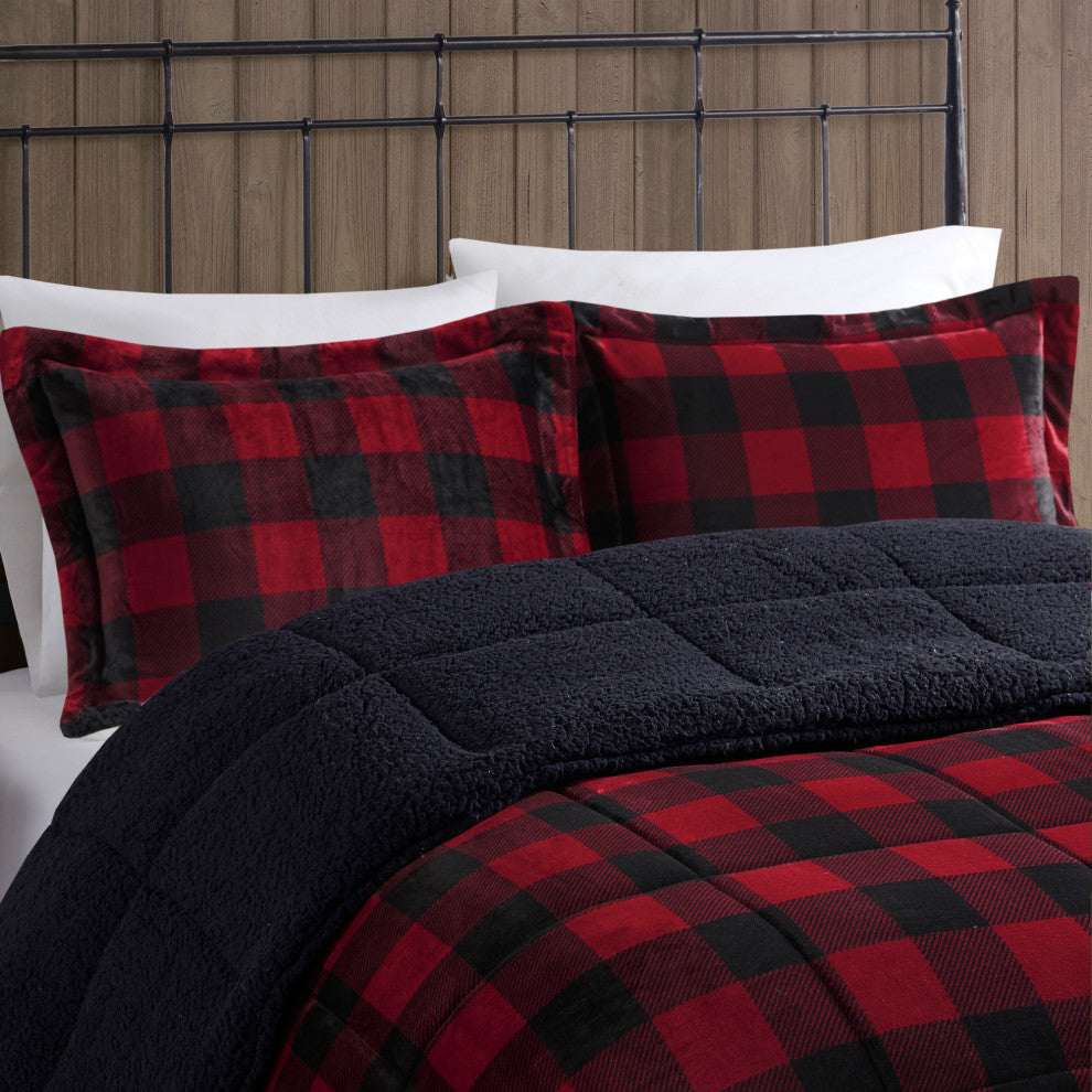Woolrich Alton Plush to Sherpa Winter Comforter Set, Red Buffalo Check, King