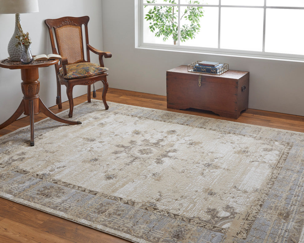 Neoma Traditional Bordered, Tan/Brown/Gray, 7'9"x10' Area Rug
